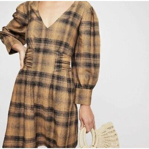 FREE PEOPLE $128 English Rose Yellow Black‎ Plaid Bow Tie Back Mini Dress Size 6 - Picture 1 of 9
